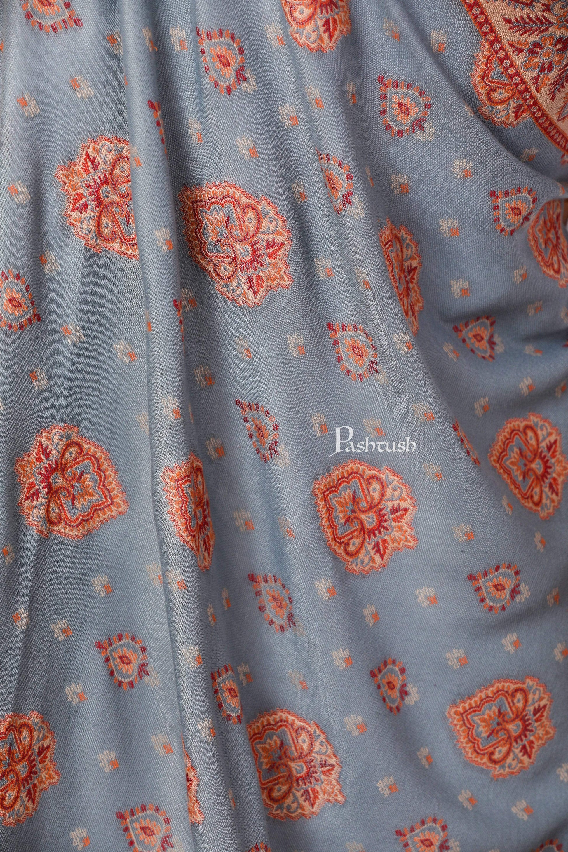 Pashtush Shawl Store Shawl Women's Kashmiri Design Jacquard Palla Shawl, Soft Faux Pashmina - Slate and Beige