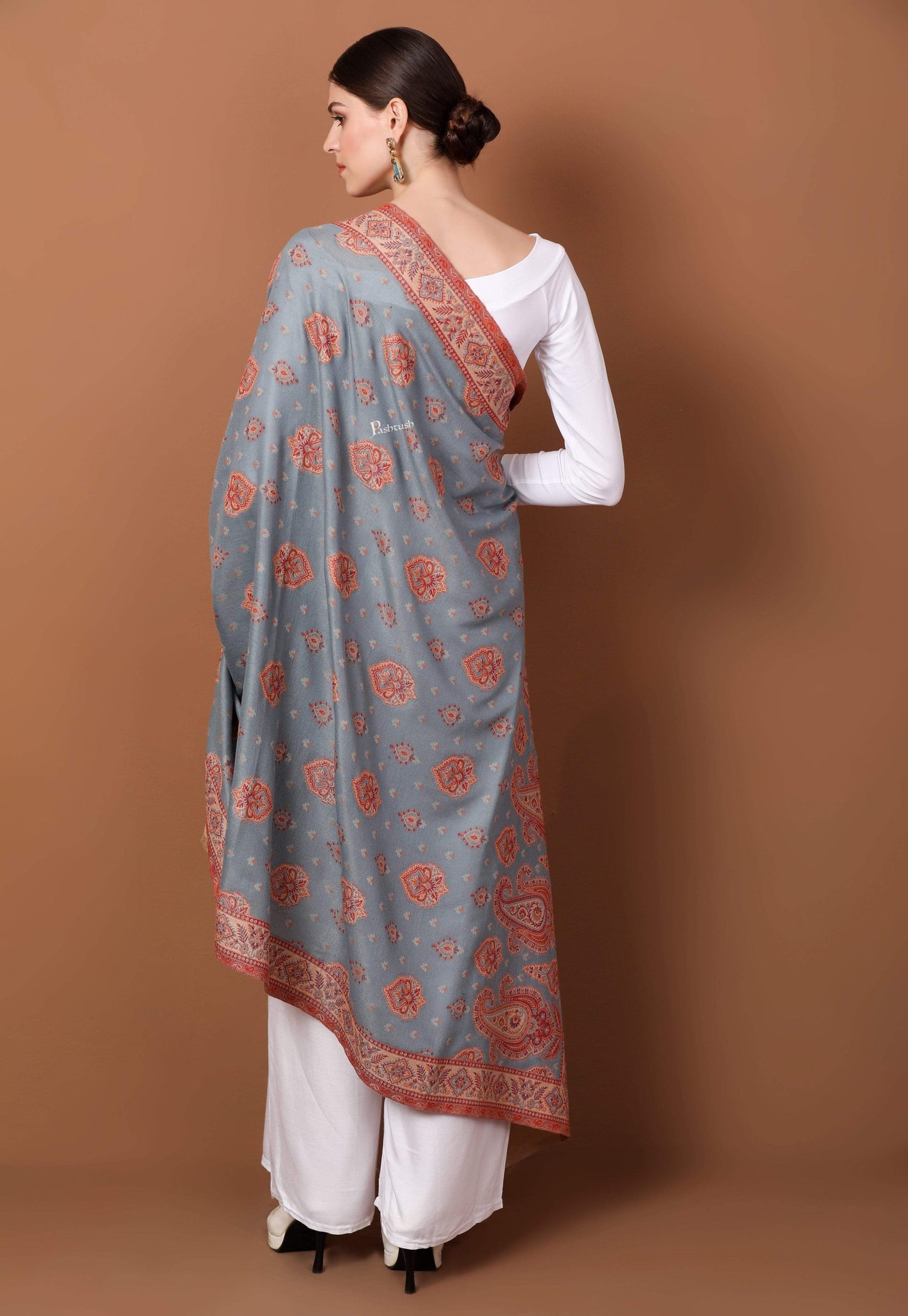 Pashtush Shawl Store Shawl Women's Kashmiri Design Jacquard Palla Shawl, Soft Faux Pashmina - Slate and Beige