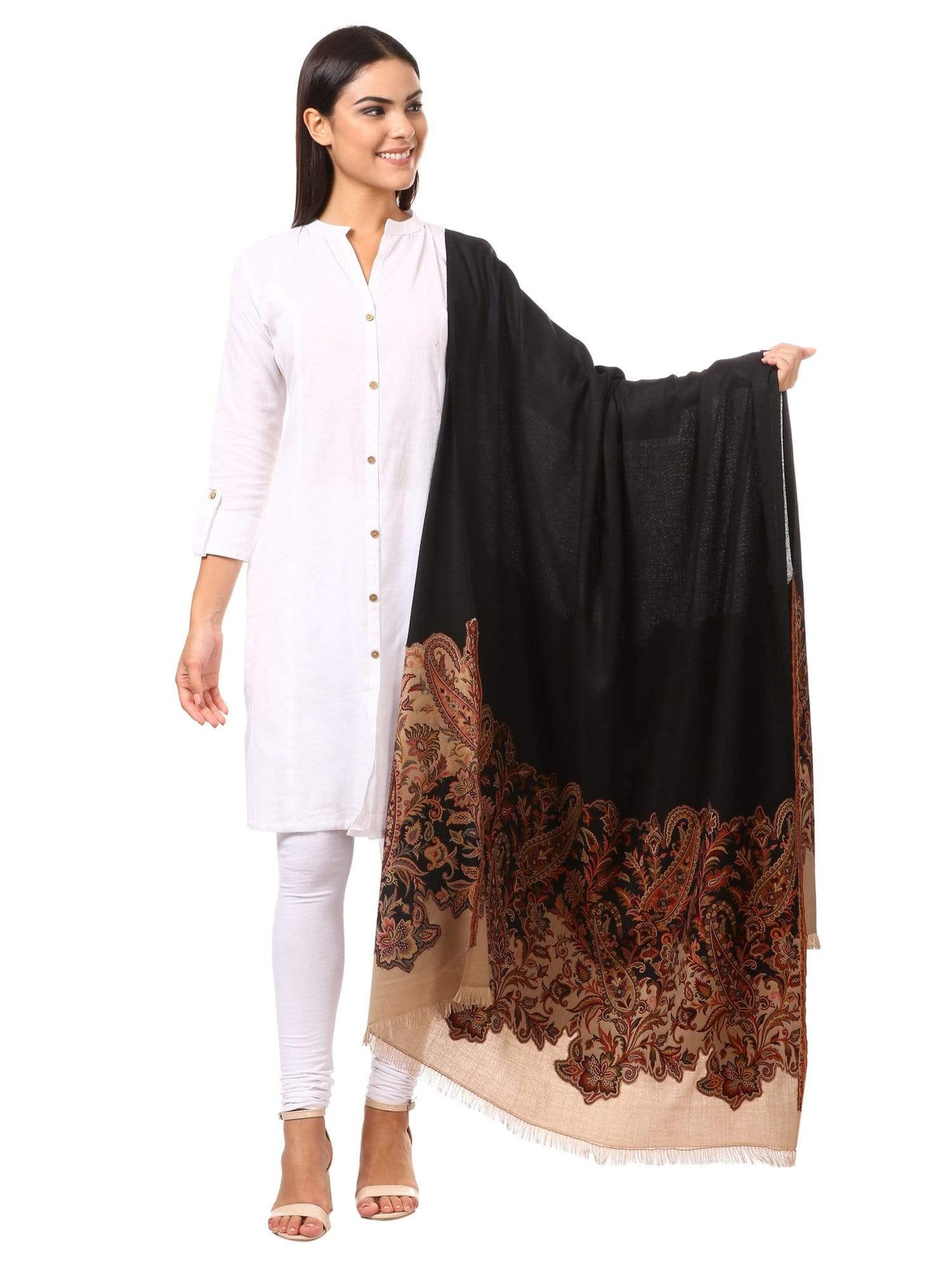 Pashtush India 100x200 Women's Kashmiri Jacquard Palla Shawl, Soft Faux Pashmina - Black