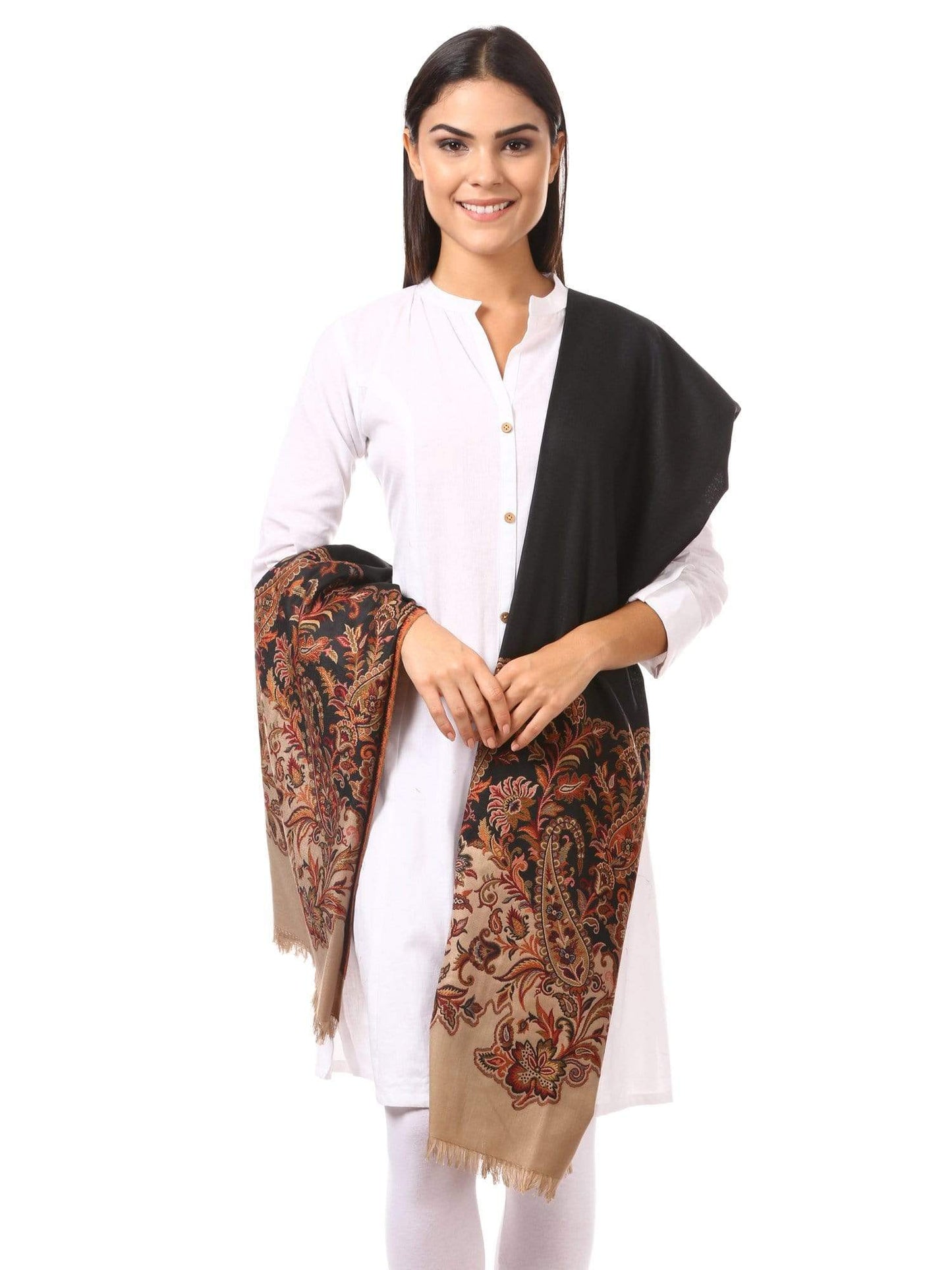 Pashtush India 100x200 Women's Kashmiri Jacquard Palla Shawl, Soft Faux Pashmina - Black