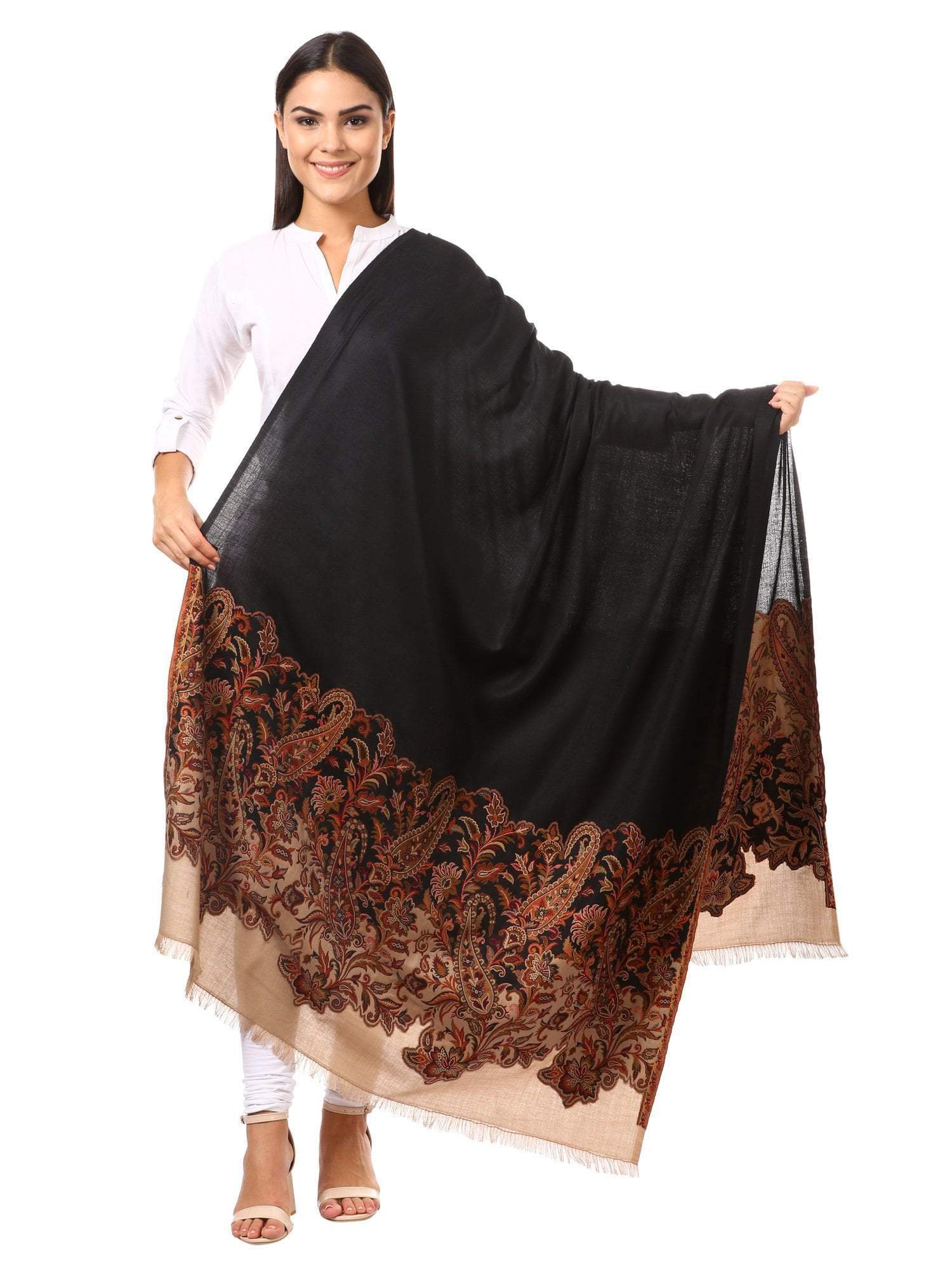 Pashtush India 100x200 Women's Kashmiri Jacquard Palla Shawl, Soft Faux Pashmina - Black