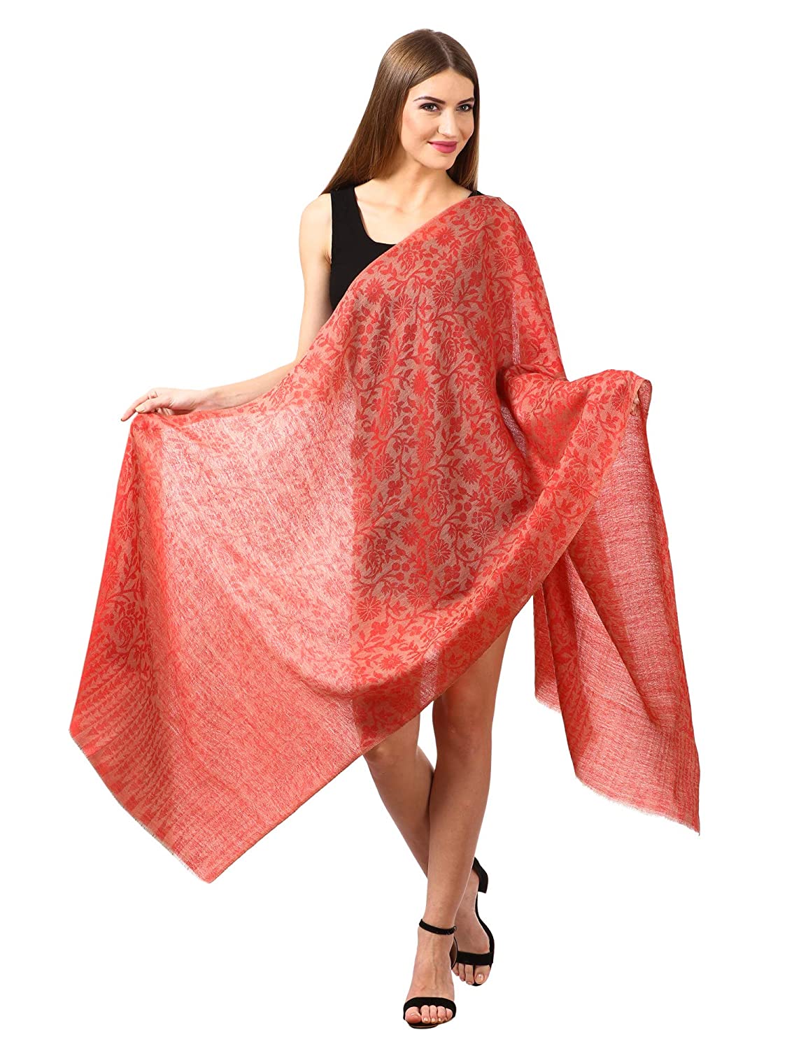Pashtush India 70x200 Women's Silk-Pashmina Reversible Floral Scarf, Soft and Warm, Scarlet Red