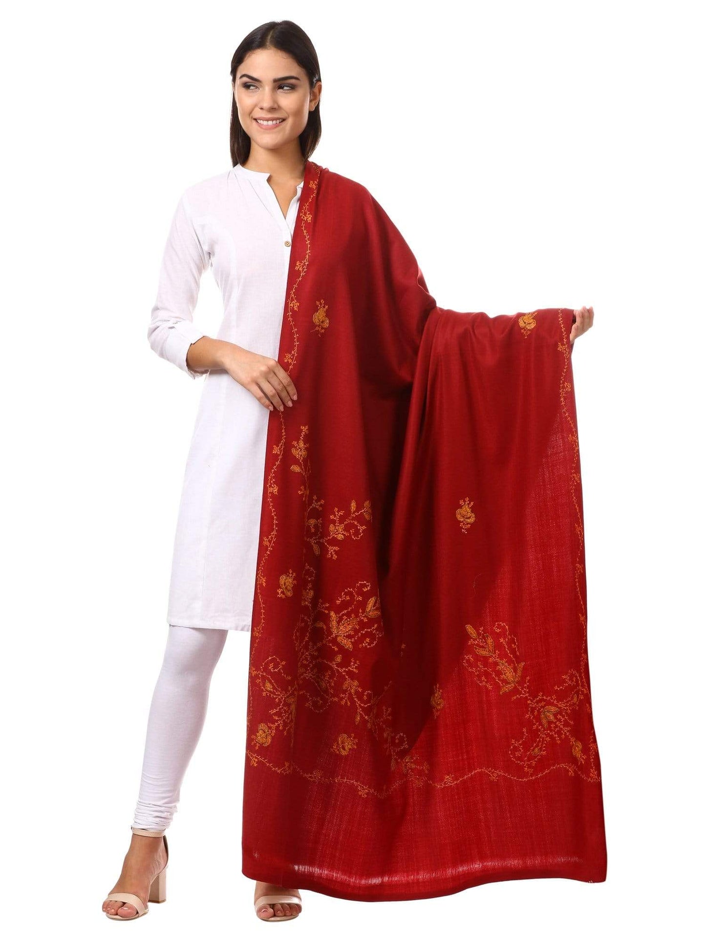 Pashtush Shawl Store Shawl Women's Wool Shawl, Kashmiri Hand Embroidery, 100% hand-made (Maroon)