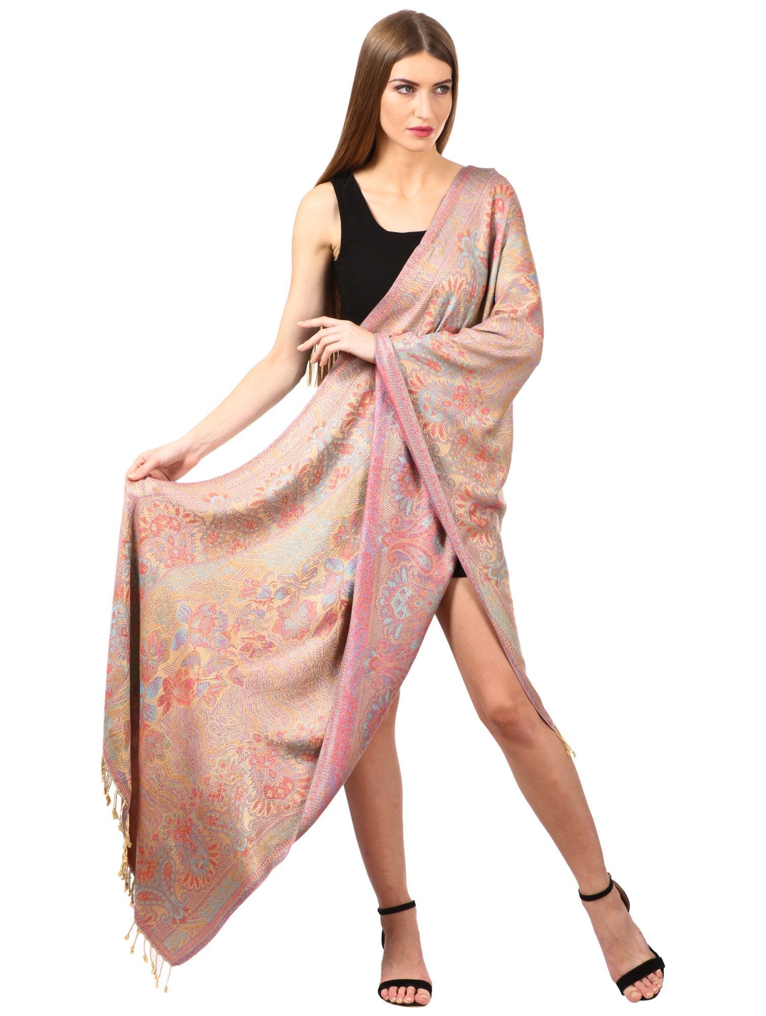 Pashtush Shawl Store Stole Womens Fine Bamboo Jacquard Scarf, Reversible, Multicoloured - Pink Blossom