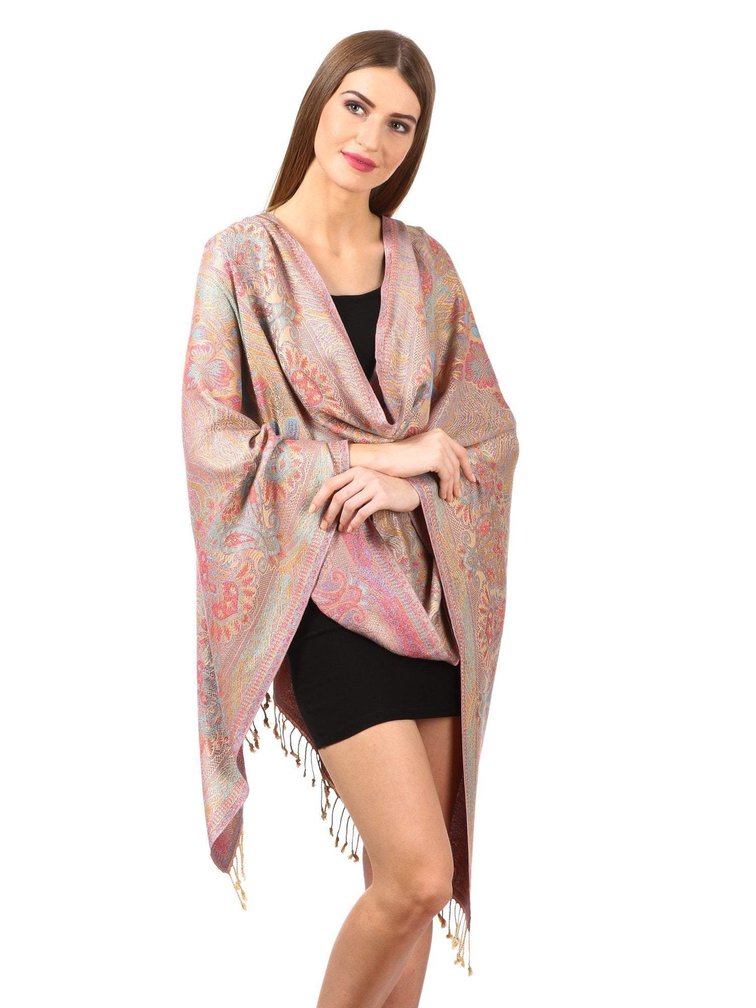 Pashtush Shawl Store Stole Womens Fine Bamboo Jacquard Scarf, Reversible, Multicoloured - Pink Blossom