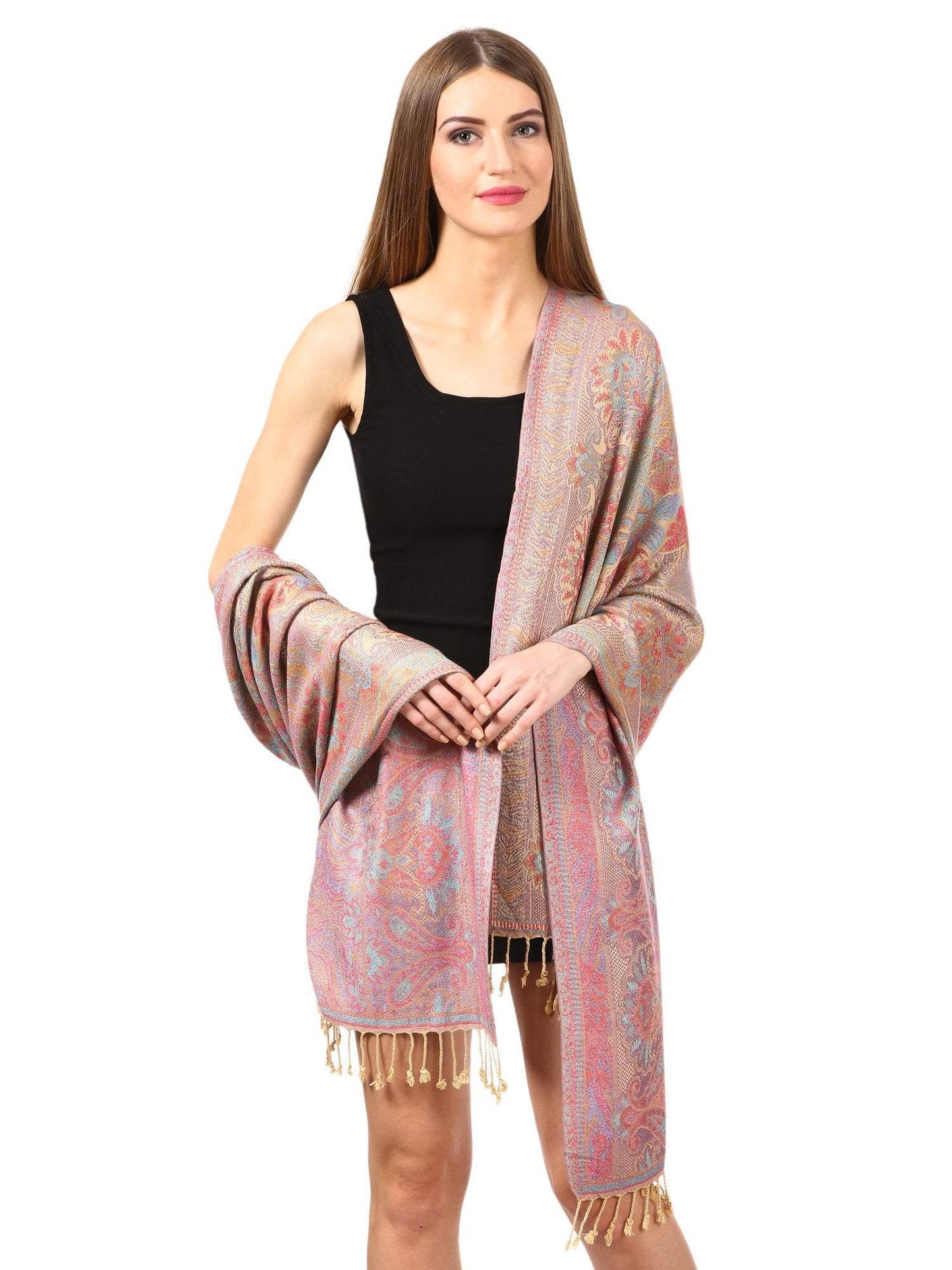Pashtush Shawl Store Stole Womens Fine Bamboo Jacquard Scarf, Reversible, Multicoloured - Pink Blossom