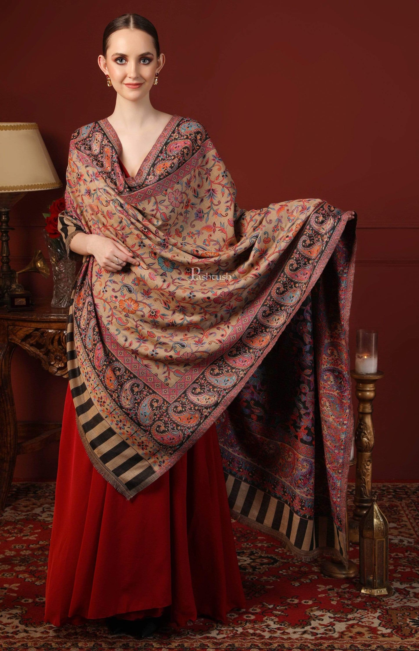 Pashtush India 100x200 Womens Kaani Shawl, Faux Pashmina, Soft and Warm, Beige