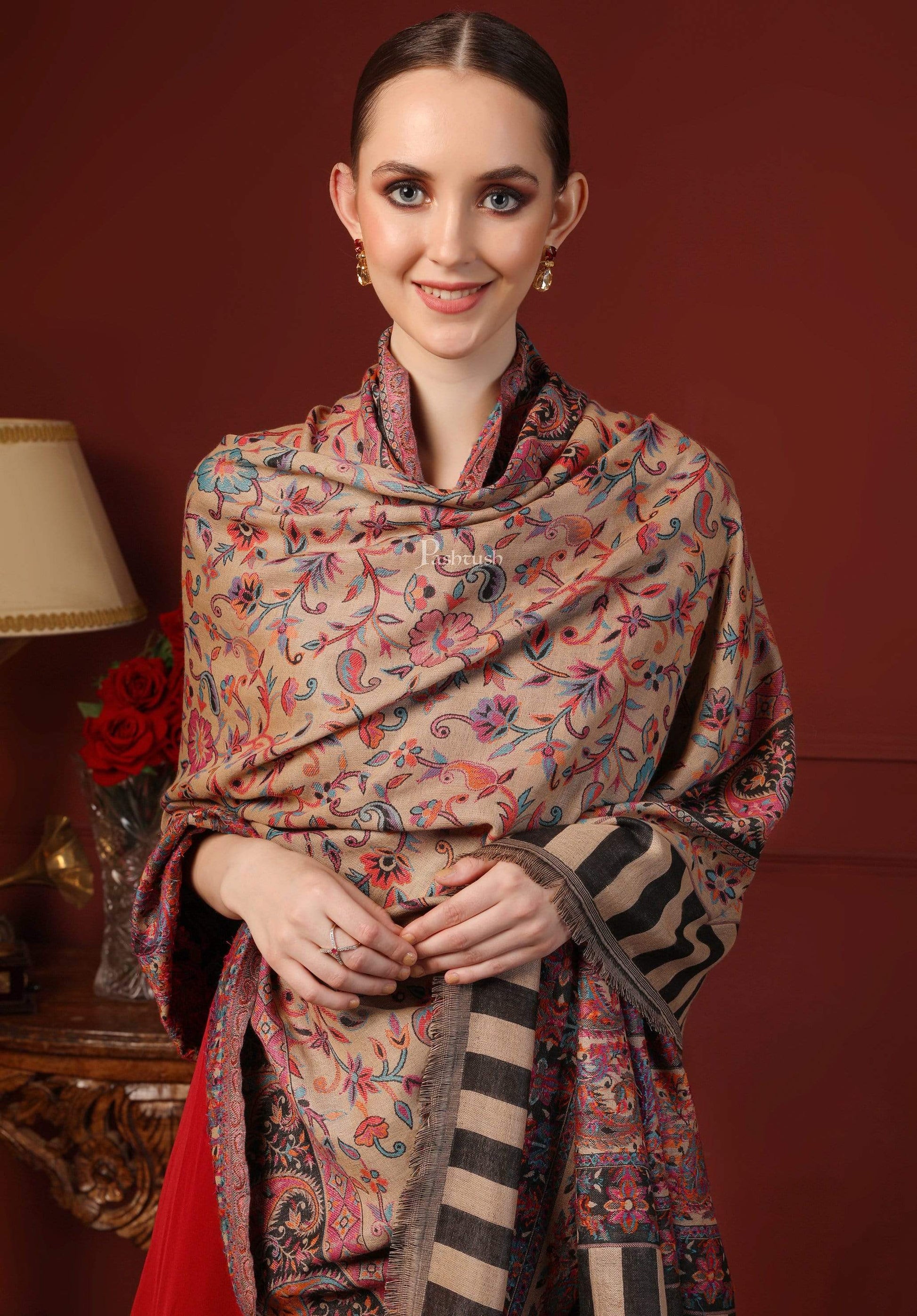 Pashtush India 100x200 Womens Kaani Shawl, Faux Pashmina, Soft and Warm, Beige