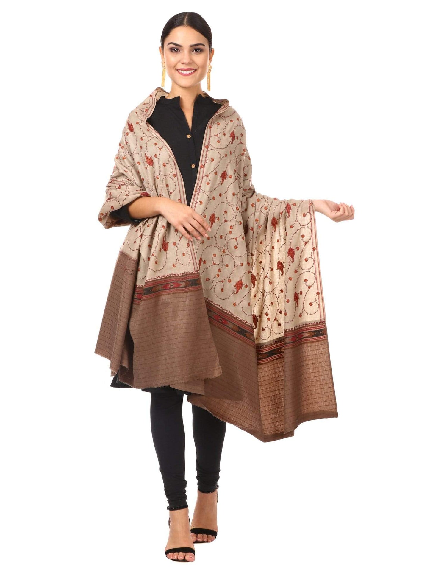 Pashtush Shawl Store Shawl Womens Kullu Palla, Kashmiri Embroidery Shawl -Coffee