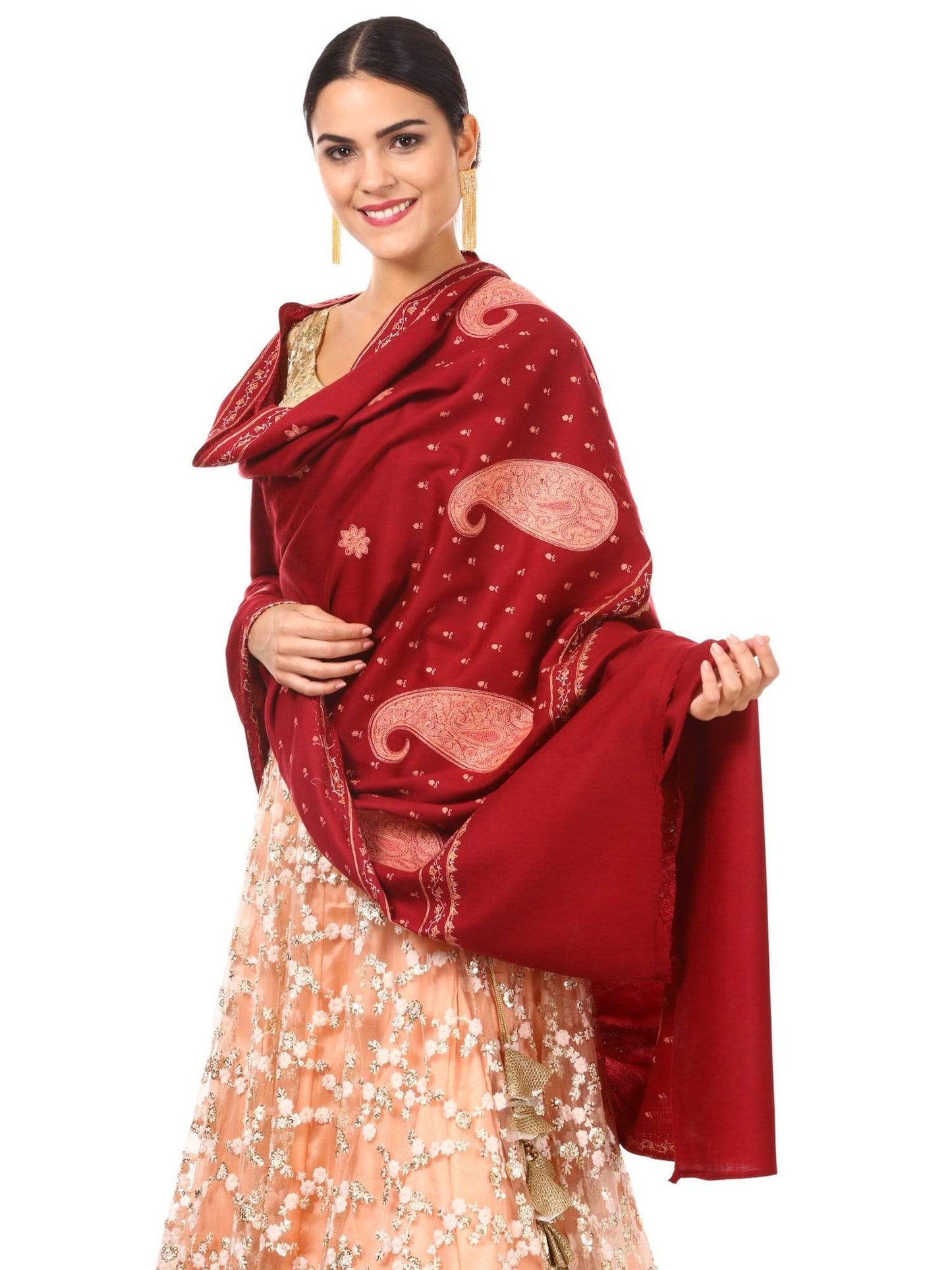 Pashtush Shawl Store Shawl Womens Pure Wool Kashmiri Embroidery Shawl -Maroon