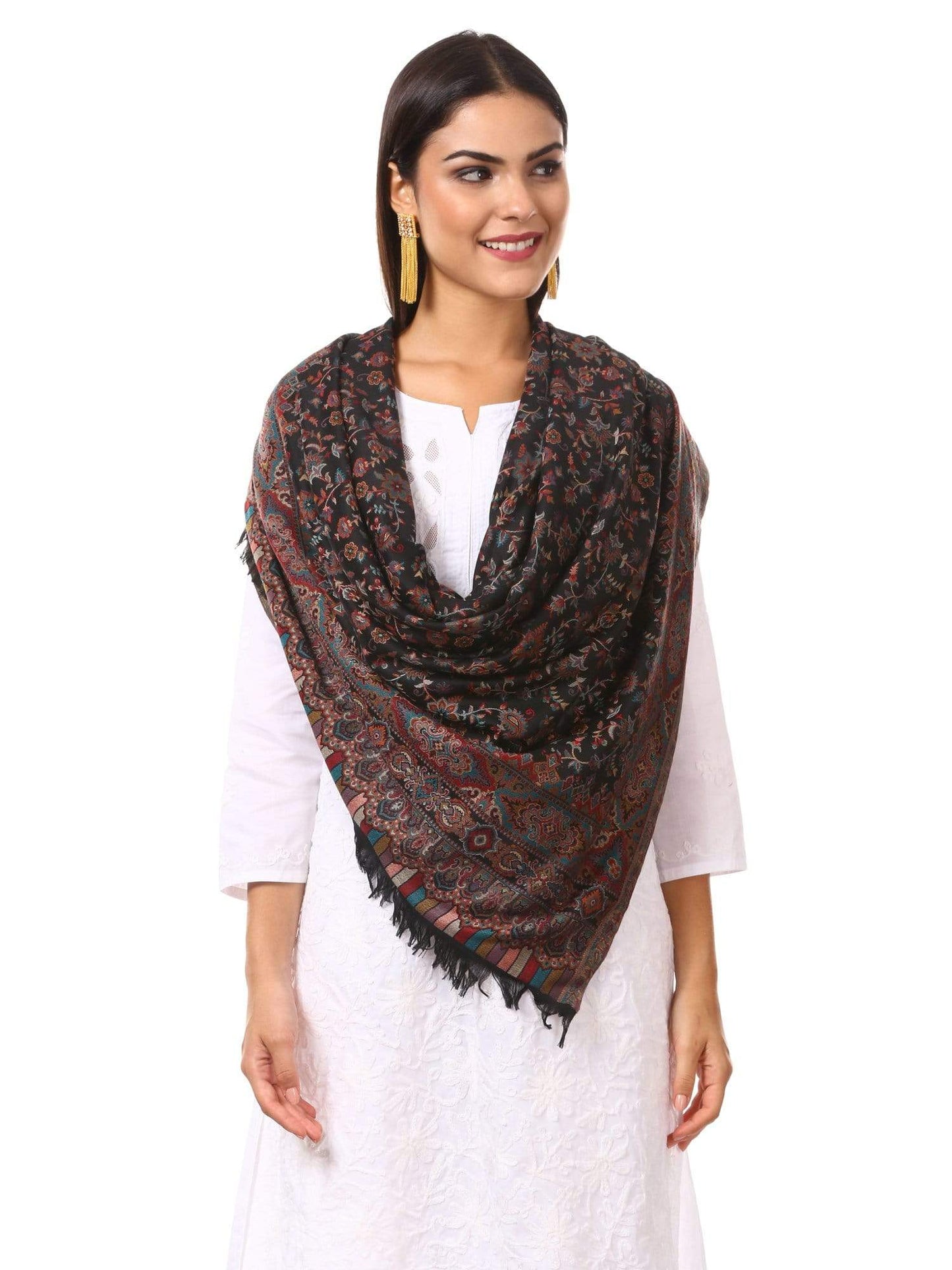 Pashtush India 100x200 Woven Kaani Shawl, Faux Pashmina Shawl, Soft and Warm (Black)