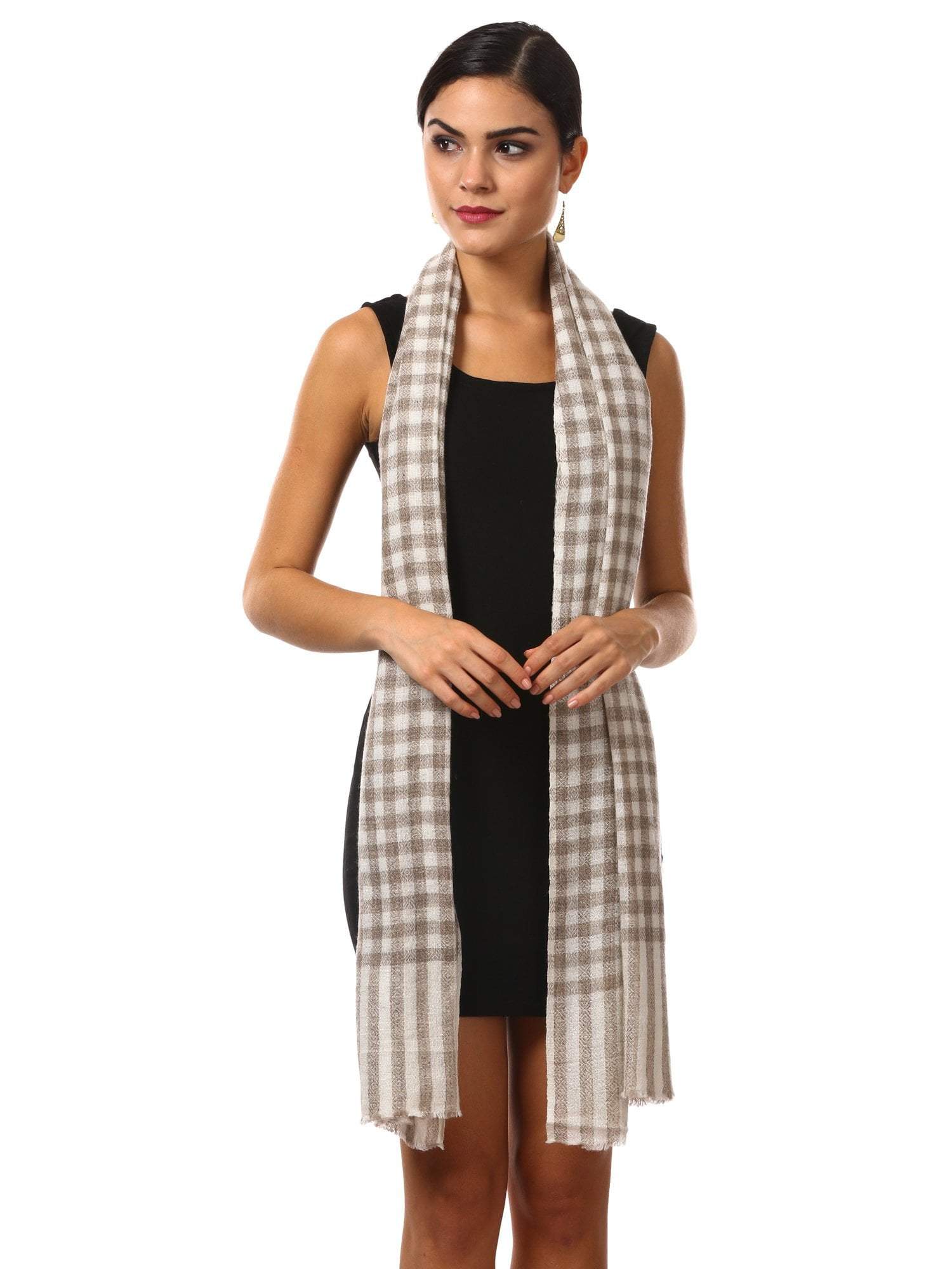 Pashtush Shawl Store Scarf Cashmere Wool Blended Muffler - White and beige Chess