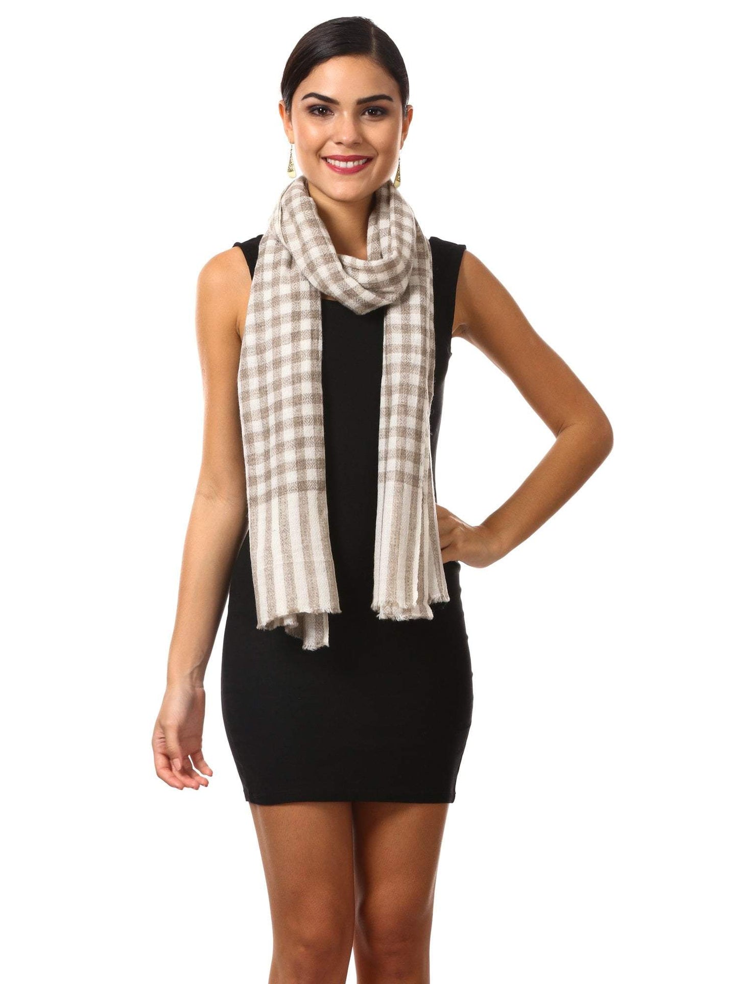 Pashtush Shawl Store Scarf Cashmere Wool Blended Muffler - White and beige Chess