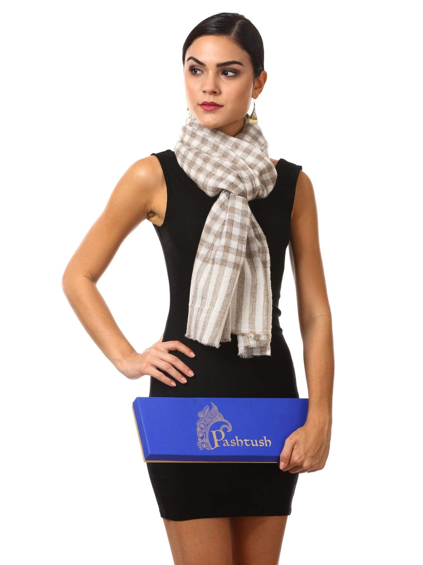 Pashtush Shawl Store Scarf Cashmere Wool Blended Muffler - White and beige Chess