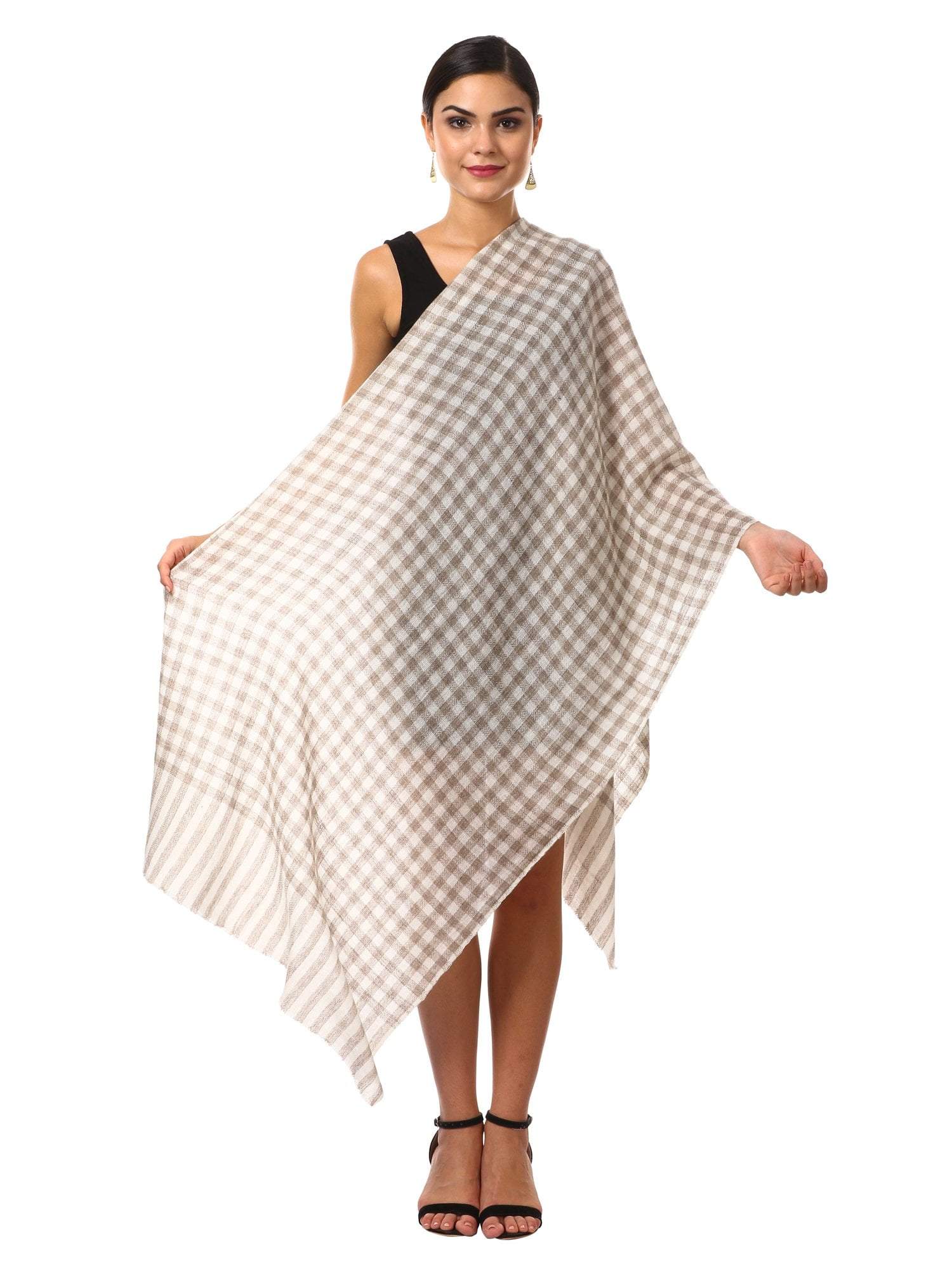 Pashtush Shawl Store Scarf Cashmere Wool Blended Muffler - White and beige Chess