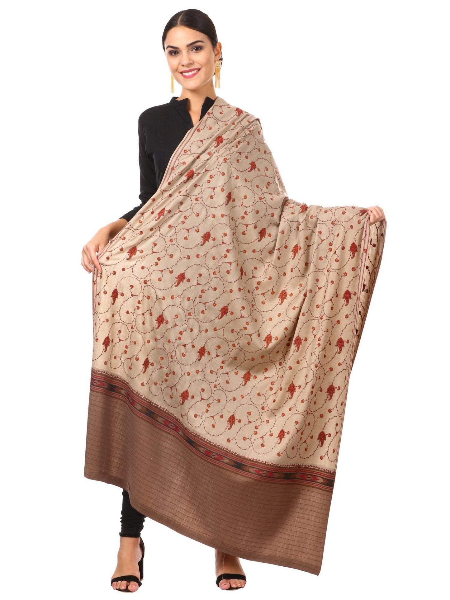 Pashtush Shawl Store Shawl Womens Kullu Palla, Kashmiri Embroidery Shawl -Coffee