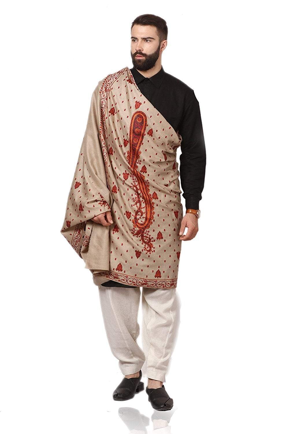 Pashtush Store Pashtush Mens Embroidery Shawl, Gents Pashmina Shawls, Handmade Embroidery, Full Size 48x95 inches