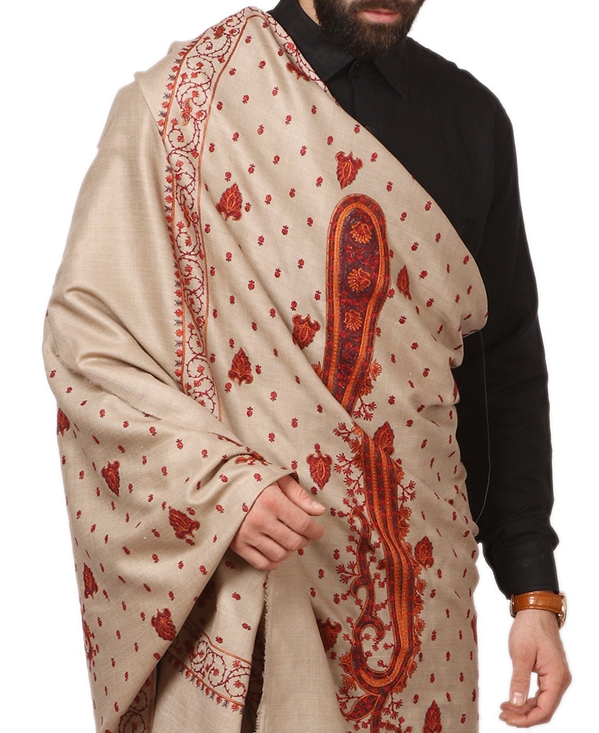 Pashtush Store Pashtush Mens Embroidery Shawl, Gents Pashmina Shawls, Handmade Embroidery, Full Size 48x95 inches