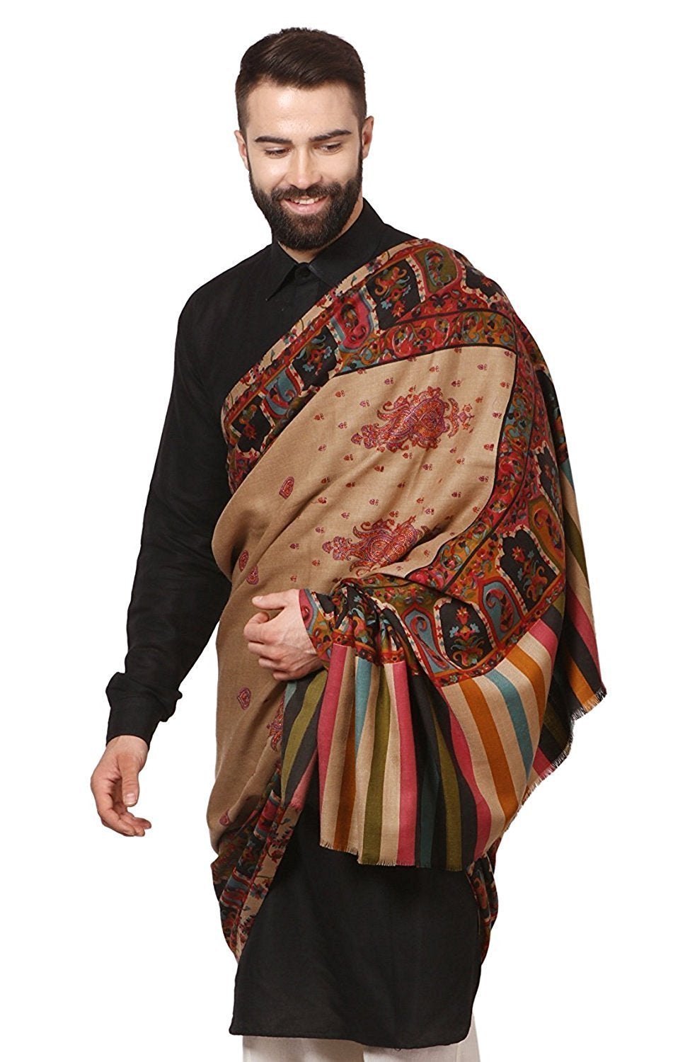 Pashtush Store Pashtush Mens Kalamkari Embroidery Shawl, Gents Pashmina Shawls, Medium Size 48x95 inches