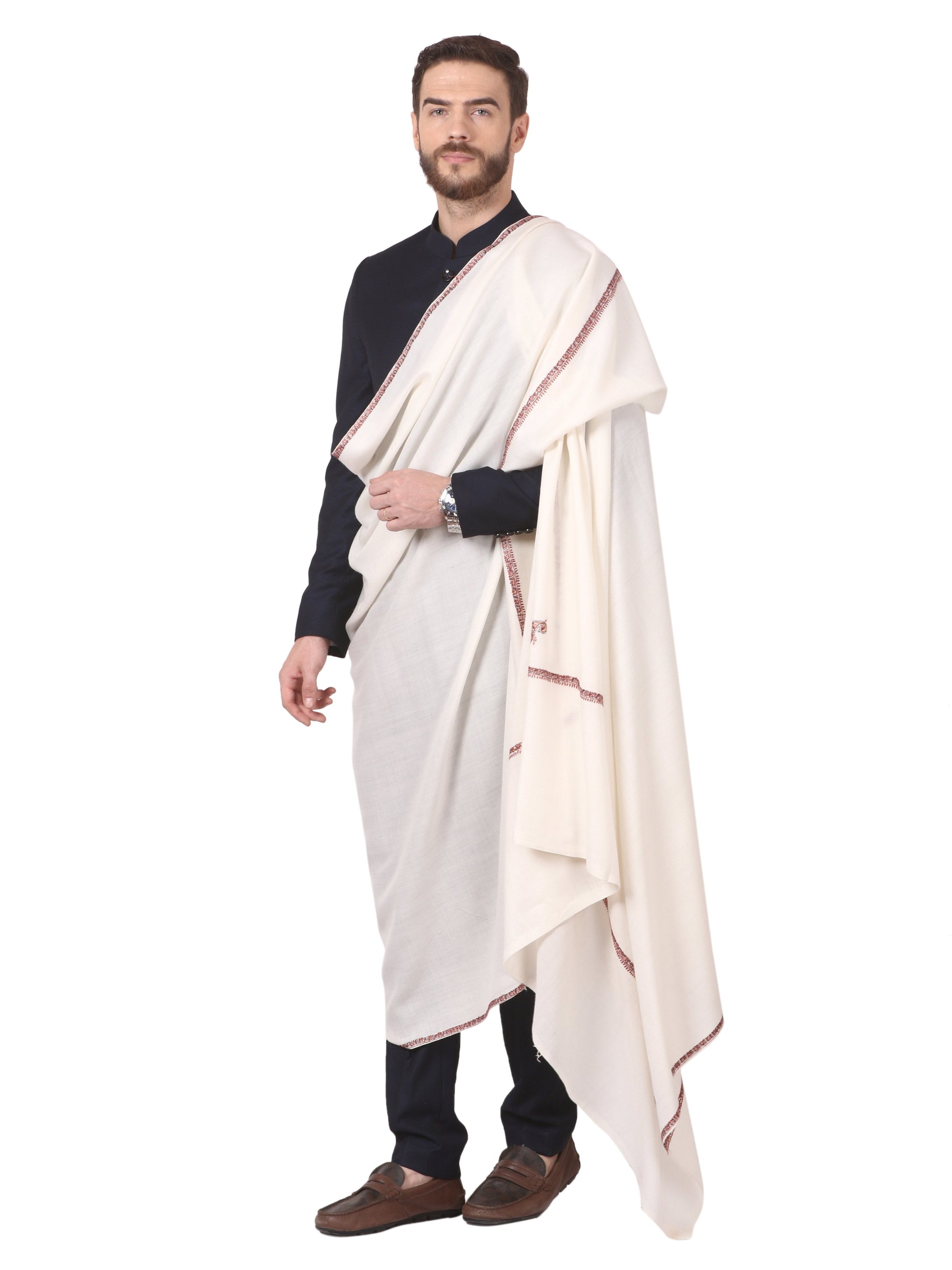 Pashtush Store Pashtush Mens Kingri Shawl, Hand Embroidery Shawl, Full Size (white)