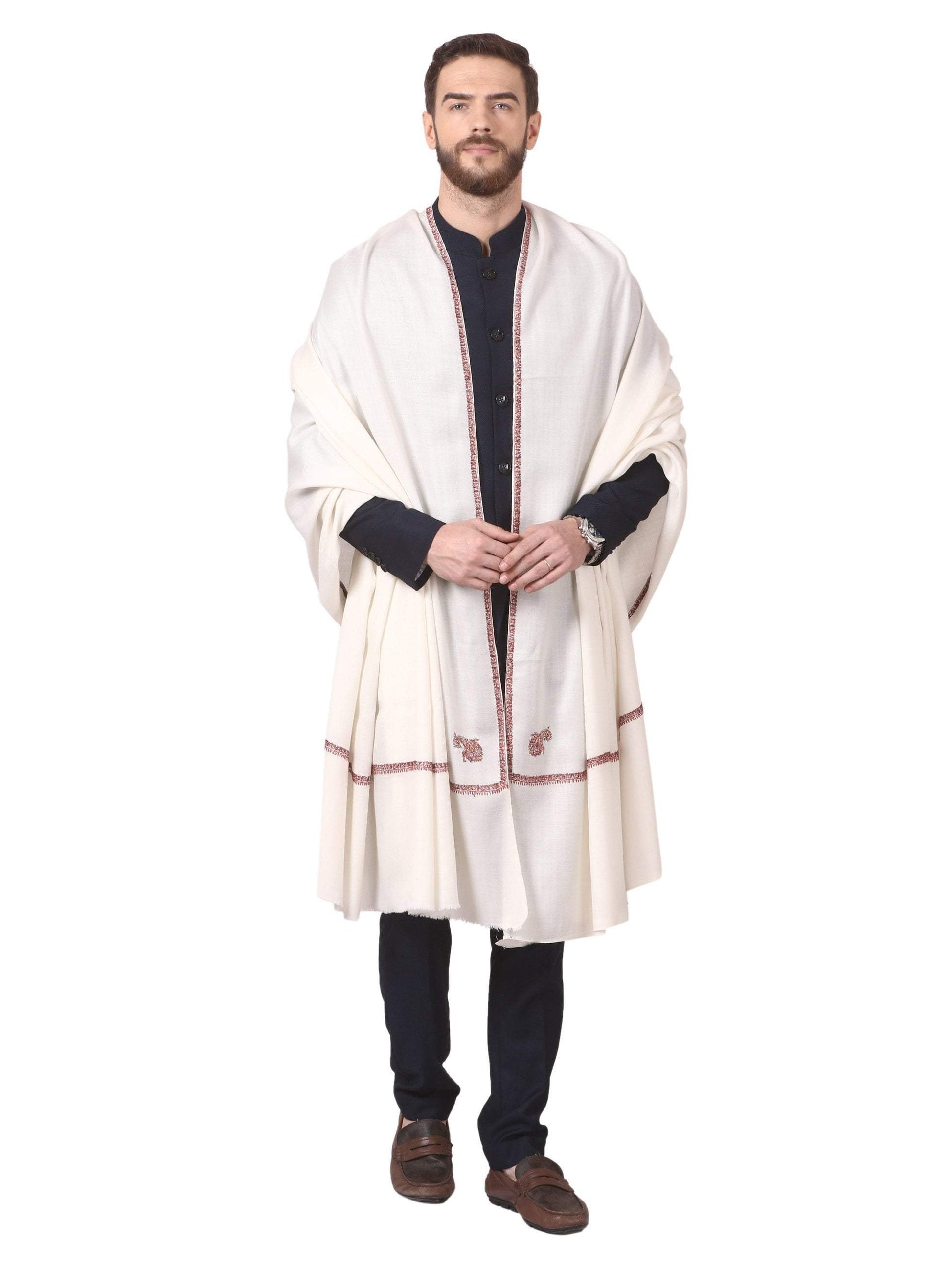 Pashtush Store Pashtush Mens Kingri Shawl, Hand Embroidery Shawl, Full Size (white)