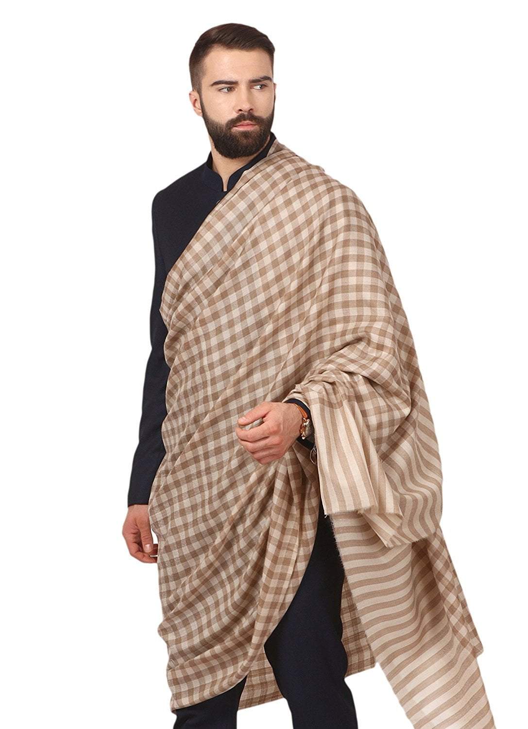 Pashtush Store Pashtush Mens Woven Check Design Shawl, Australian Merino Wool Light Weight, Soft Handfeel