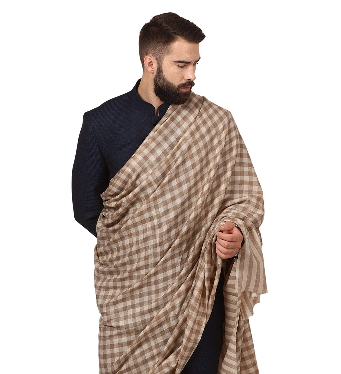 Pashtush Store Pashtush Mens Woven Check Design Shawl, Australian Merino Wool Light Weight, Soft Handfeel