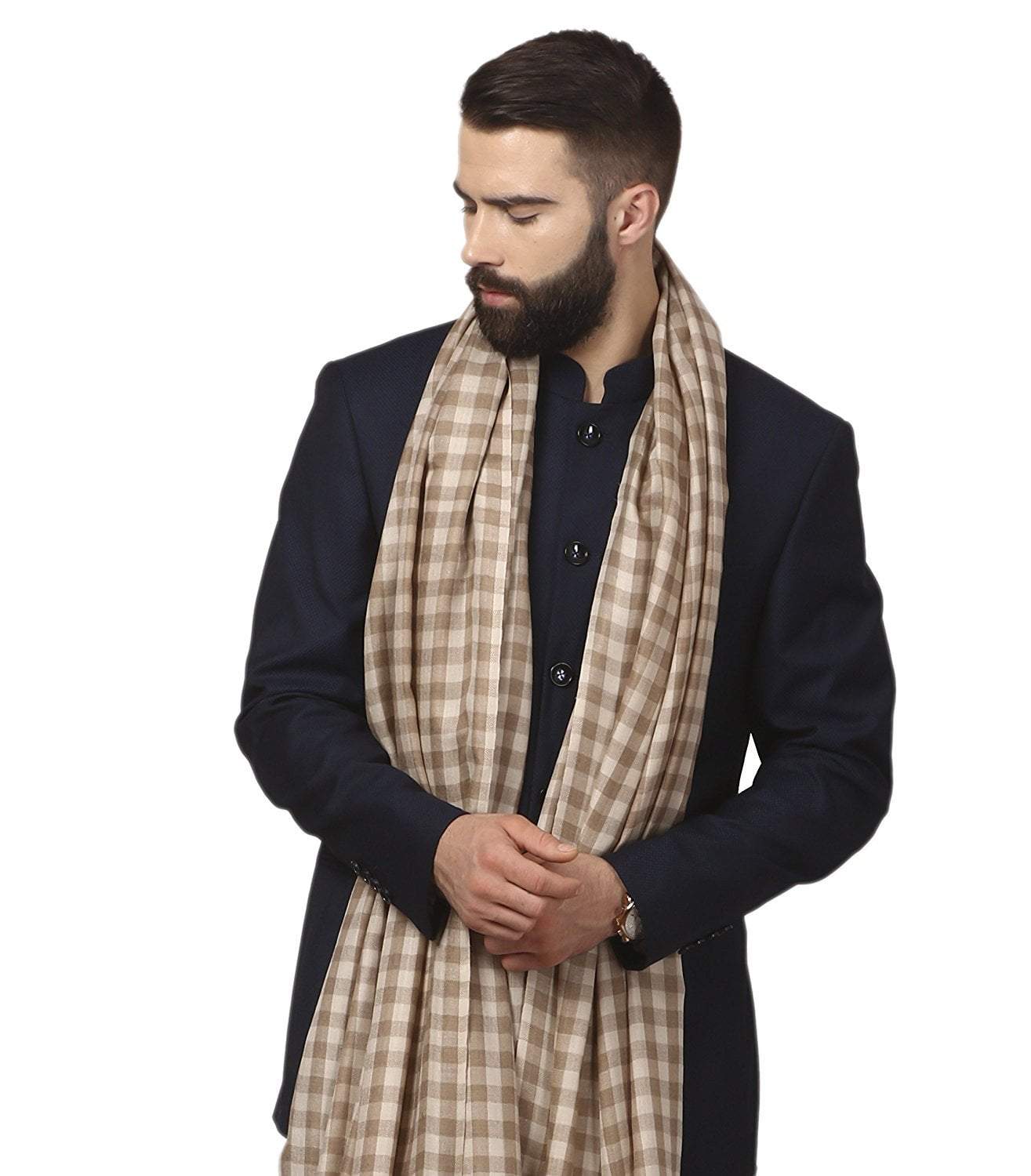 Pashtush Store Pashtush Mens Woven Check Design Shawl, Australian Merino Wool Light Weight, Soft Handfeel