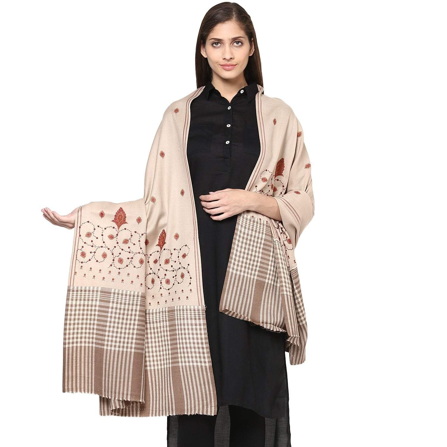Pashtush Store Pashtush Women's Embroidered Wool Shawl beige with check palla