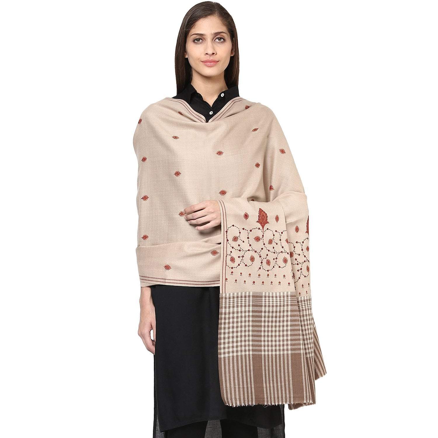 Pashtush Store Pashtush Women's Embroidered Wool Shawl beige with check palla