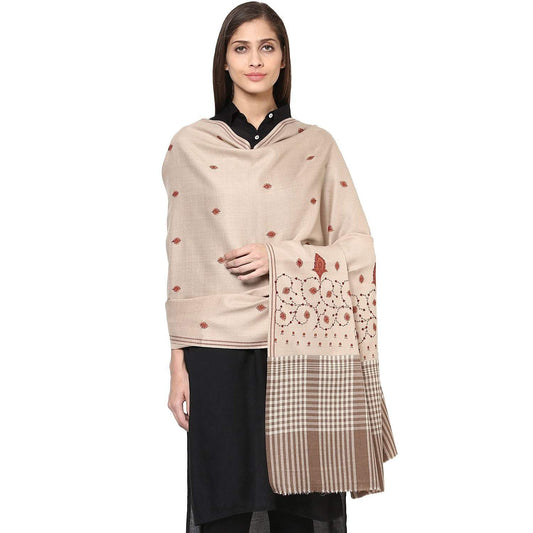 Pashtush Store Pashtush Women's Embroidered Wool Shawl beige with check palla