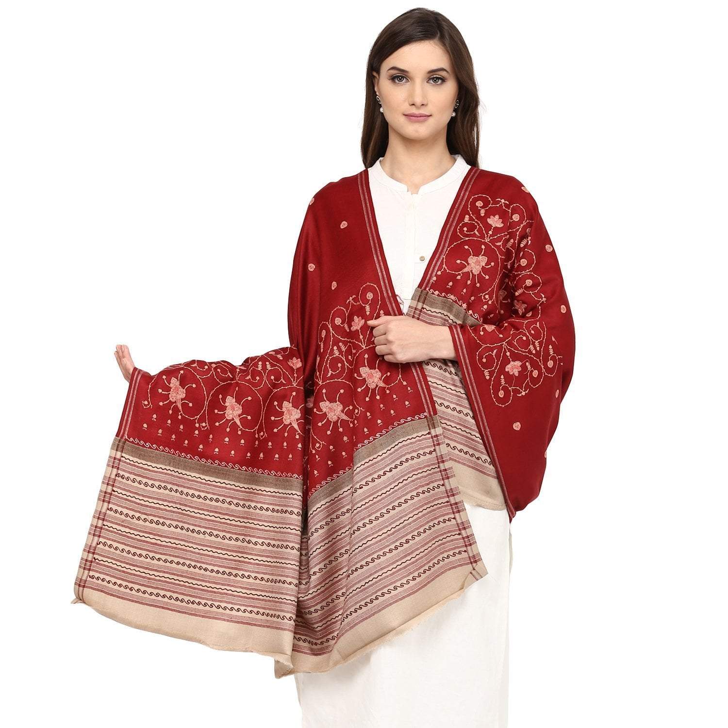 Pashtush Store Pashtush Women's embroidered Wool Shawl in maroon with palla