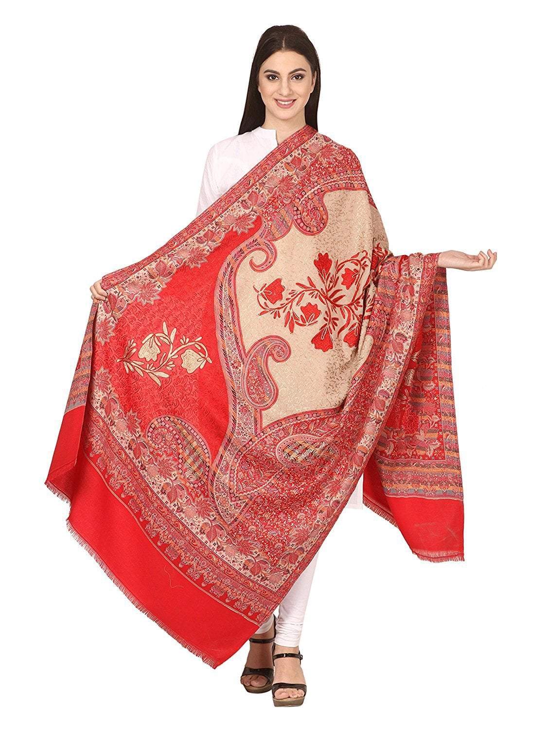 Pashtush Store Pashtush Women's Kashmiri Embroidery Shawl, Jacquard palla, Pashmina Design with Aari Needlework