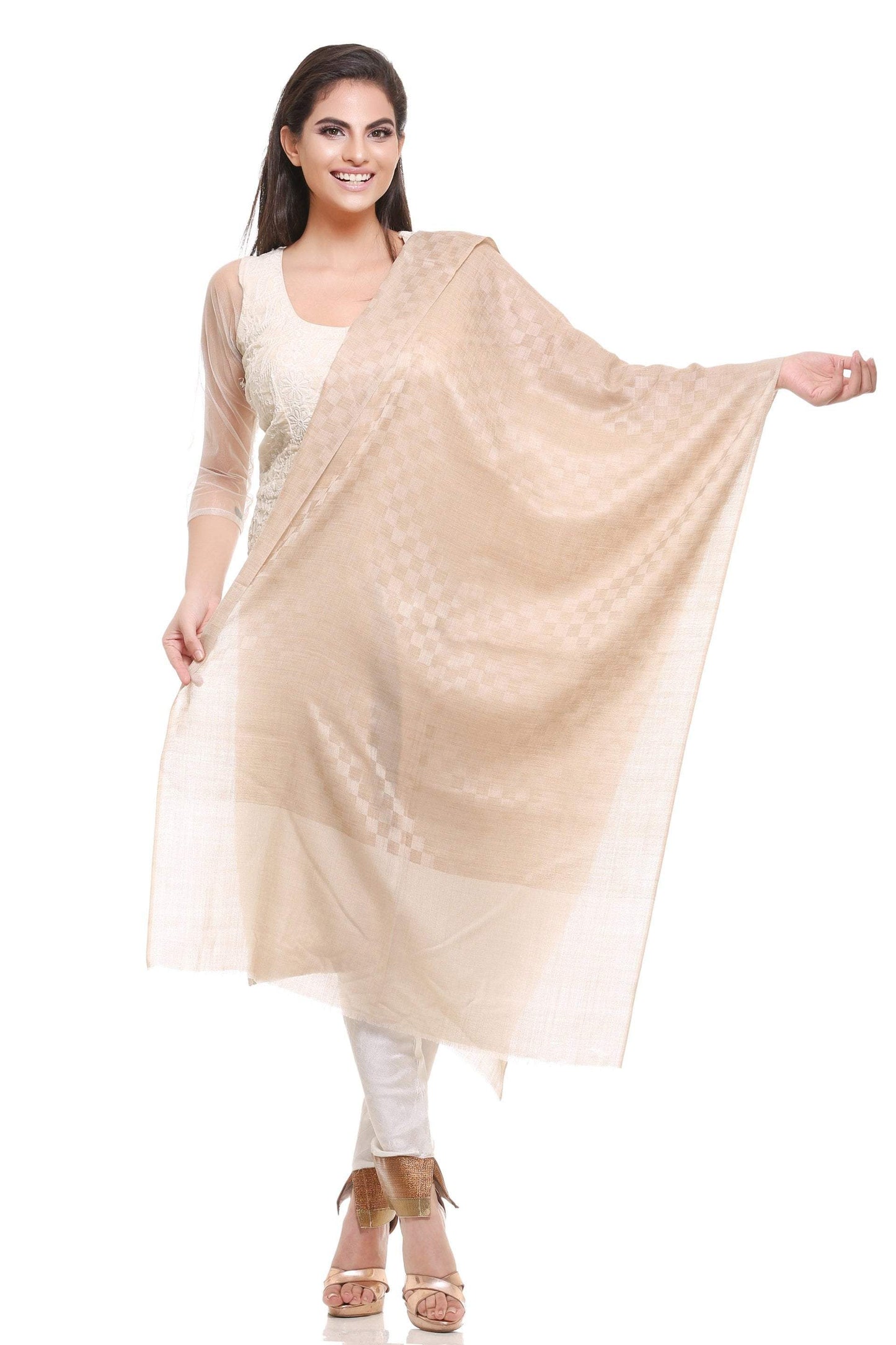 Pashtush Store Pashtush Women's Reversible Stole, checkered design (beige)
