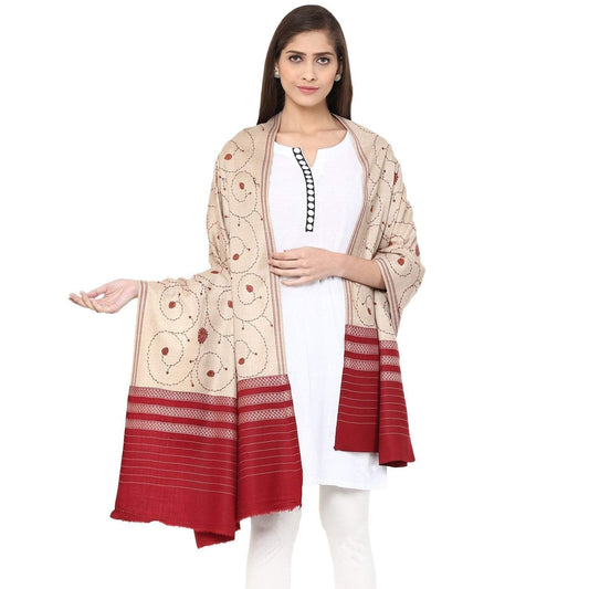 Pashtush Store Pashtush Women's Wool Shawl Cream Jaal embroidery with maroon palla