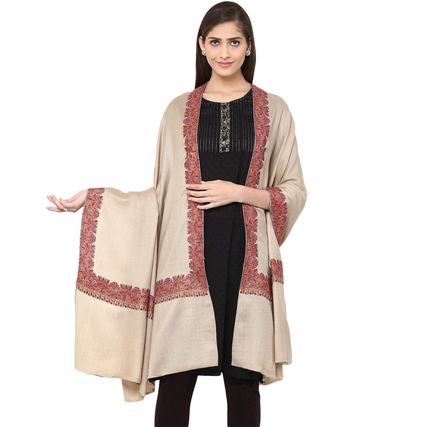 Pashtush Store Pashtush Women's Wool Shawl embroidered border beige