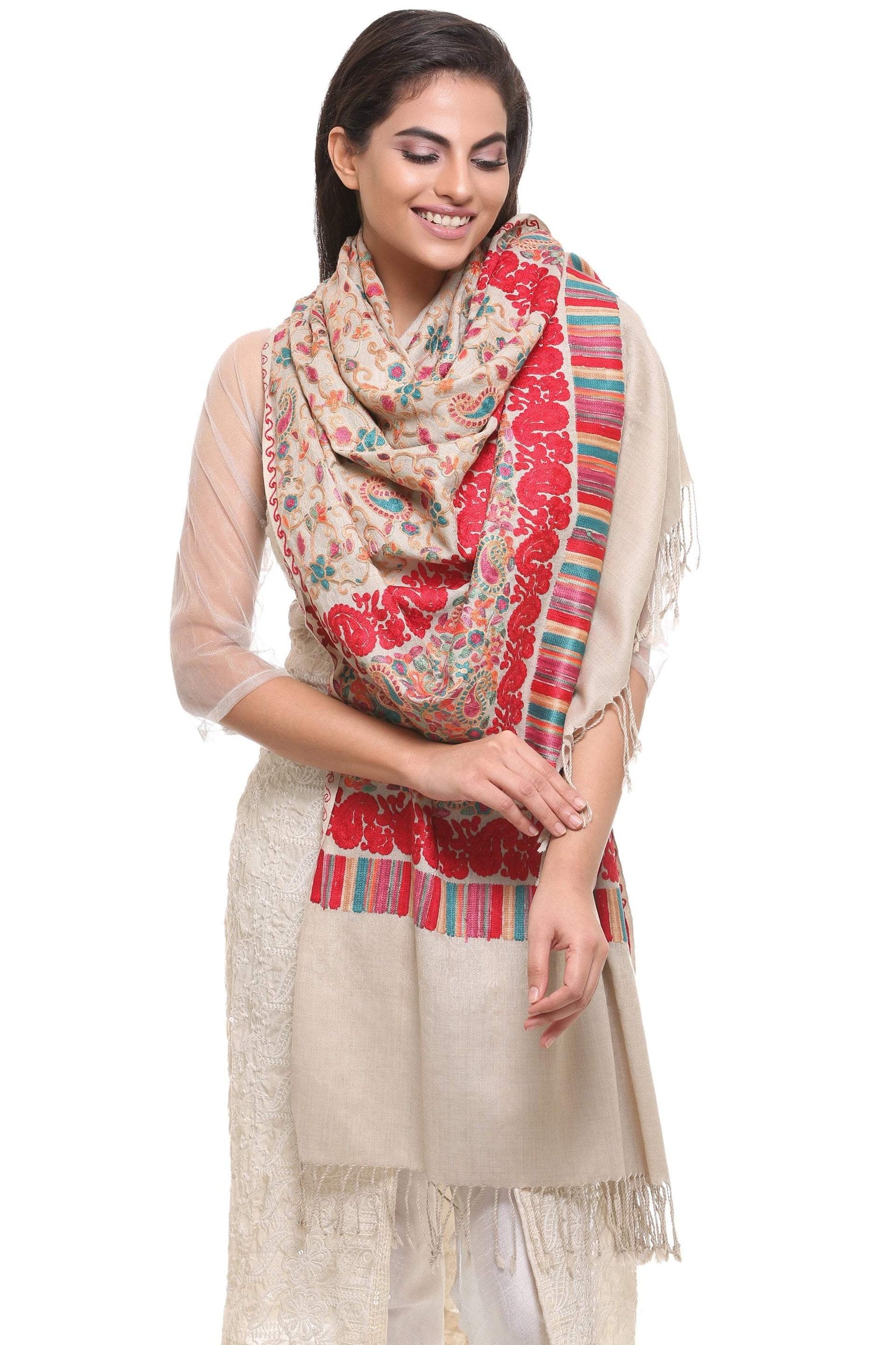 Pashtush Store Pashtush Womens Aari Embroidery Jaal Stole ( light Beige )