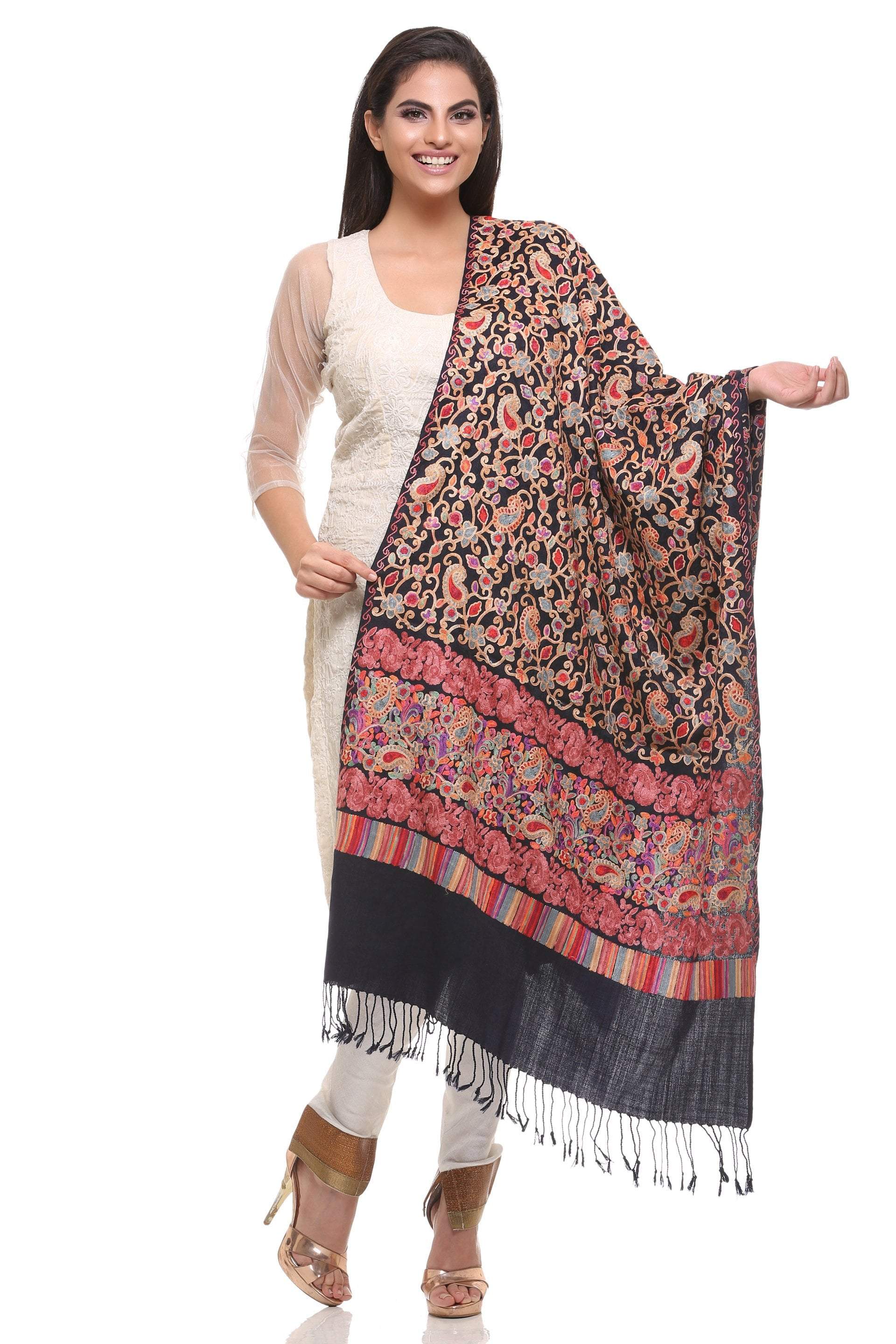 Pashtush Store Pashtush Womens Aari Embroidery Jaal Stole, Pashmina Shawls, Stoles (navy blue)