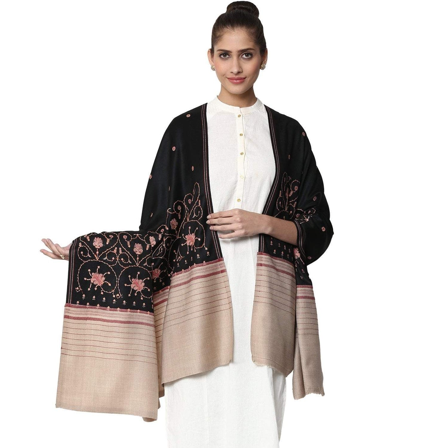 Pashtush Store Pashtush Womens Kashmiri Embroidery Shawl, Black, Warm Wool, Traditional Design